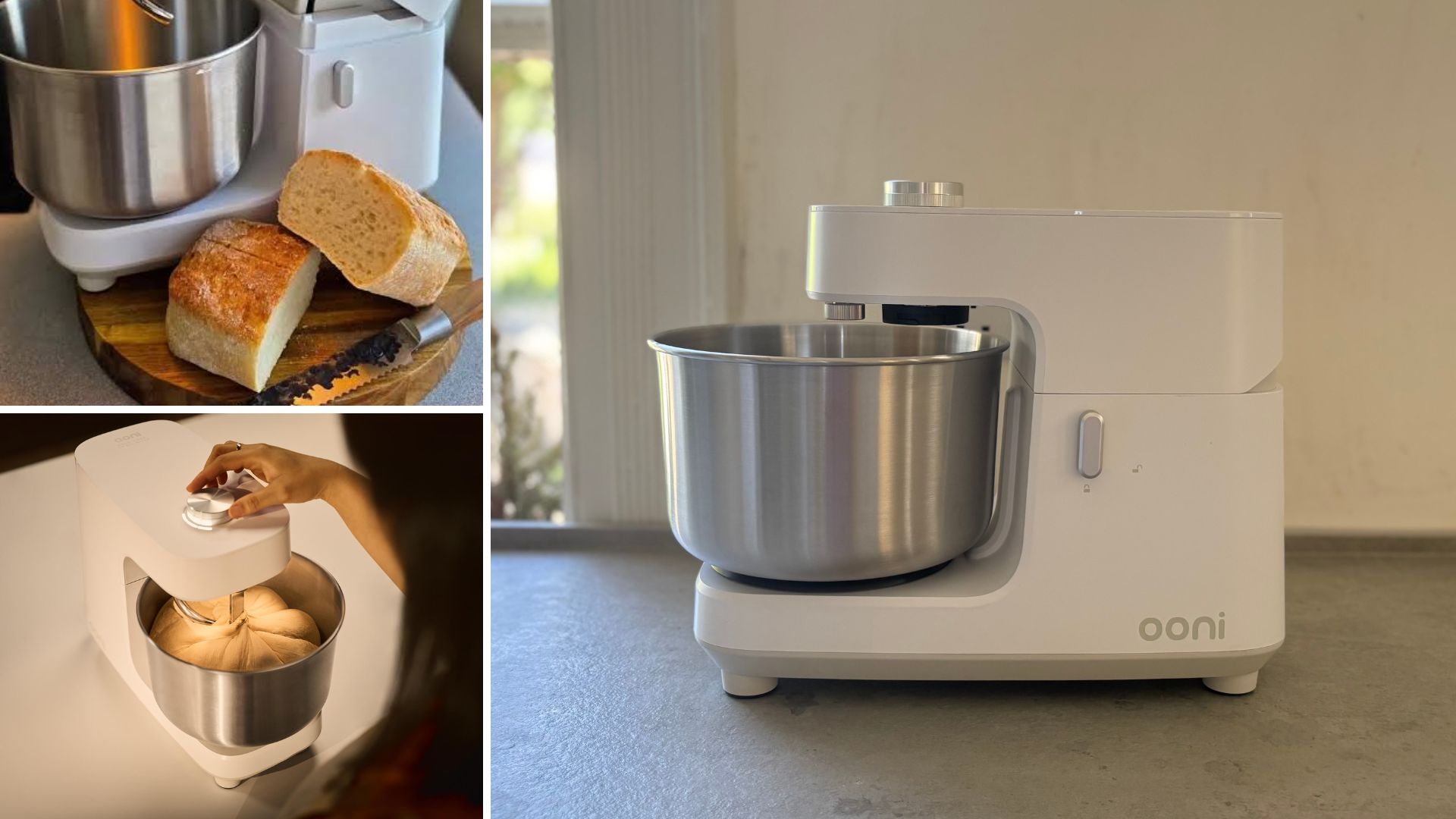 Ooni Halo Core Stand Mixer on the counter with bread being kneaded at the side