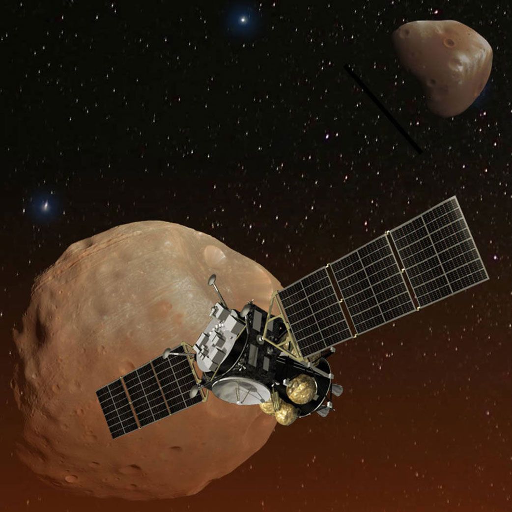 An artist’s illustration of Japan&#039;s Mars Moons Exploration (MMX) spacecraft at the small Martian satellite Phobos.