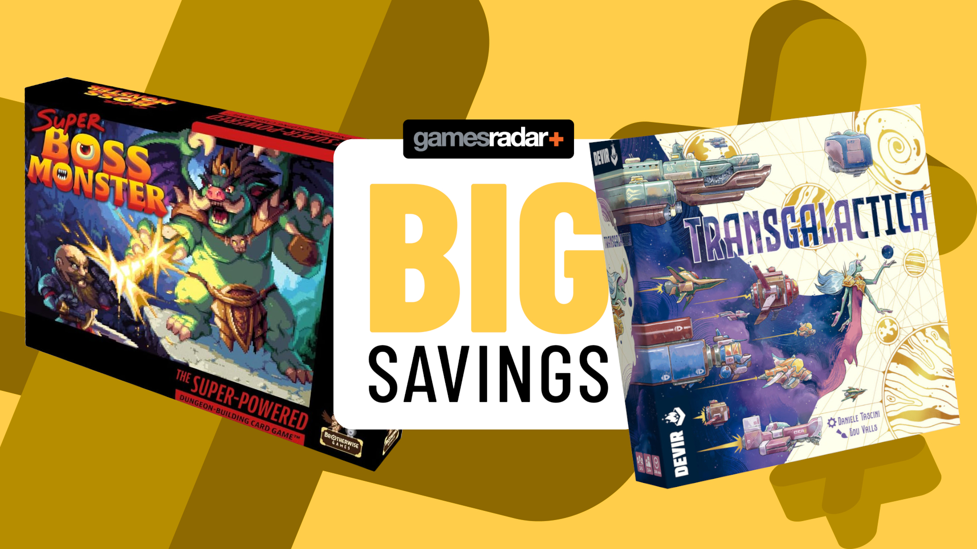 Super Boss Monster and Transgalactica boxes on either side of a GamesRadar+ 'big savings' badge, all against a yellow background with 3D crosses