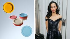 Piles of chunky plates/colorful plates from Gustaf Westman next to a picture of Nara Smith in a black dress