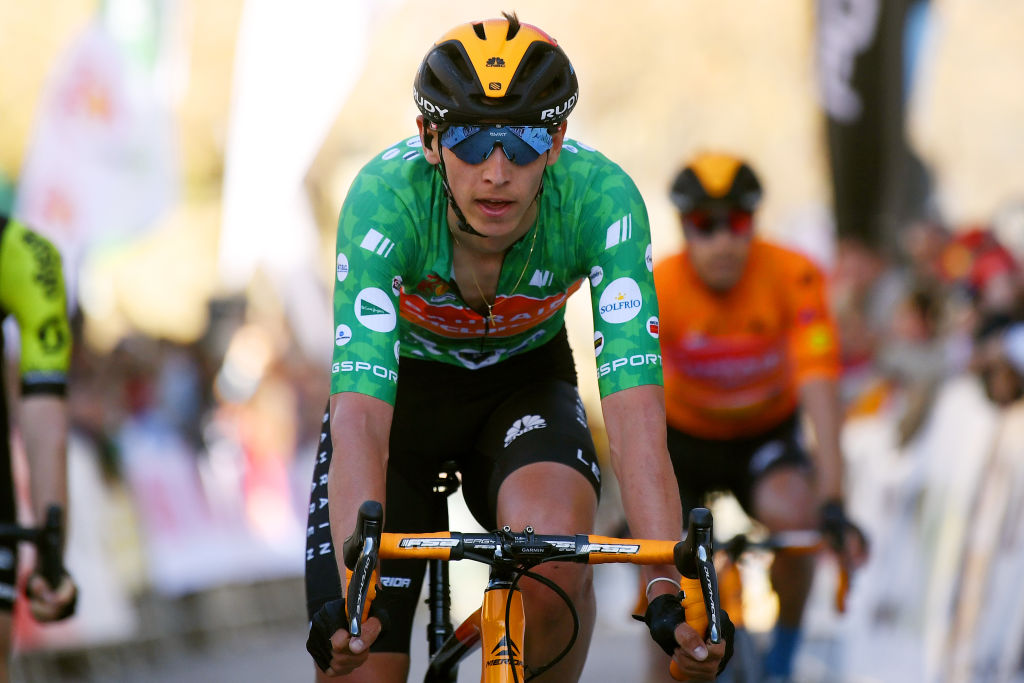BEDA SPAIN FEBRUARY 21 Arrival Dylan Teuns of Belgium Team Bahrain McLaren Green Points Jersey during the 66th Vuelta a Andaluca Ruta del Sol 2020 Stage 3 a 1769km stage from Jan to beda 727m VCANDALUCIA UCIProSeries on February 21 2020 in beda Spain Photo by David RamosGetty Images