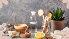 Kitchen countertop with natural cleaning solutions, soft bristle brushes and lemons for cleaning with vinegar