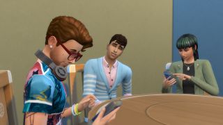 The Sims 4 - Two Sims sit at a table looking at their phones while a third Sim looks at them both lovingly.