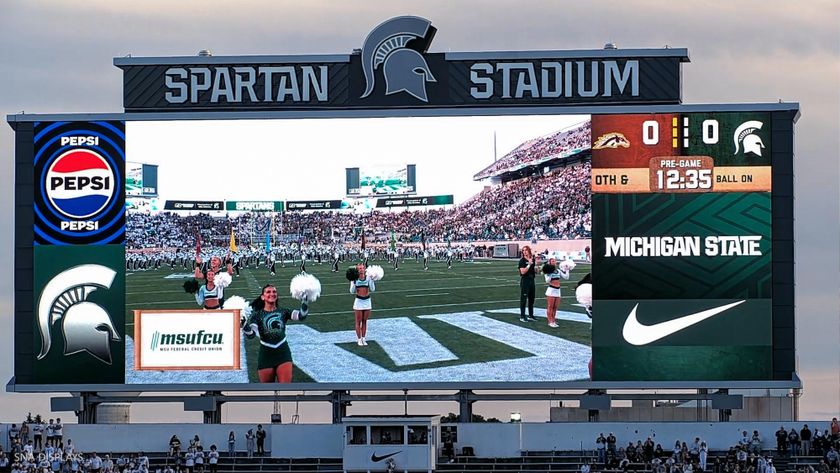 The new LED videoboard and pink LED ribbon seen every college football Saturday at Michigan State&#039;s Spartan Stadium.