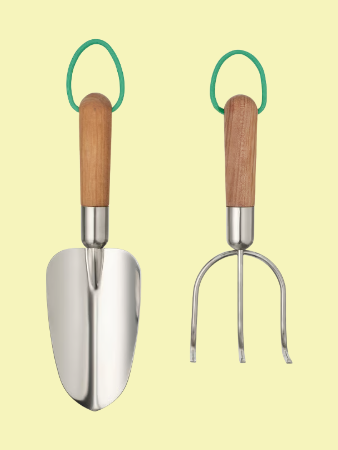 A set of garden tools in birch wood and steel