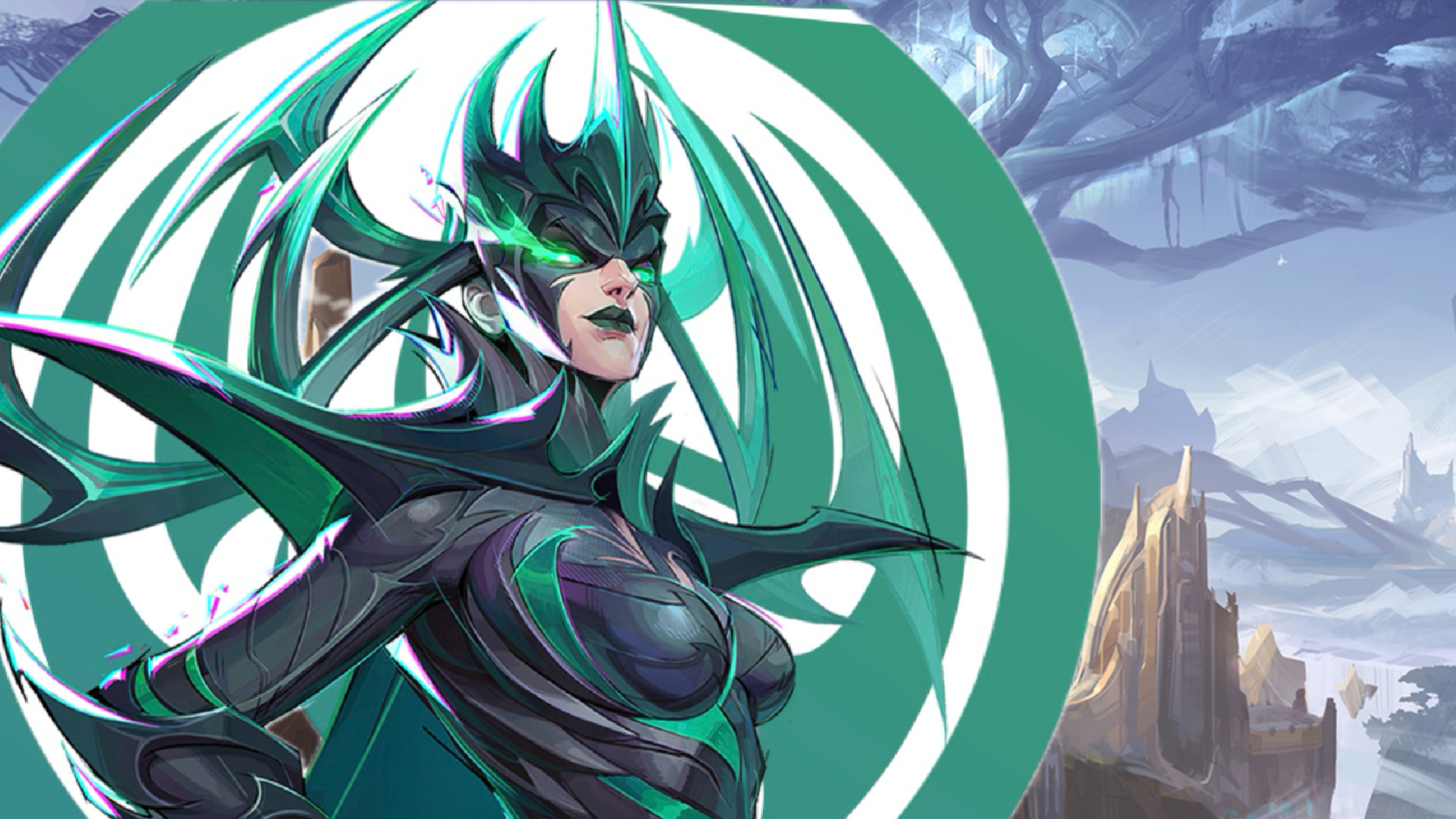 Hela poses in front of her green logo