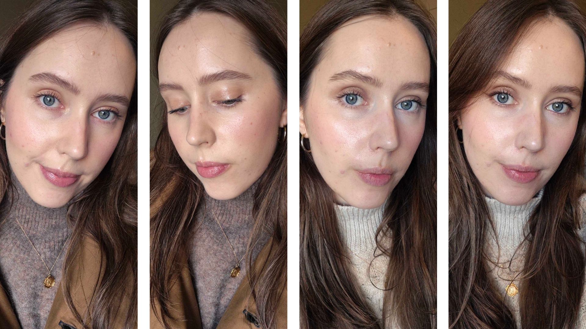 On the left are two pictures of Digital Beauty Writer, Naomi Jamieson, wearing the Space Cowboy eyeshadow on her eyelids, followed by a picture of her wearing the shade Cosmic Space dust with just mascara and then another picture of her wearing this shade with brown eyeliner.