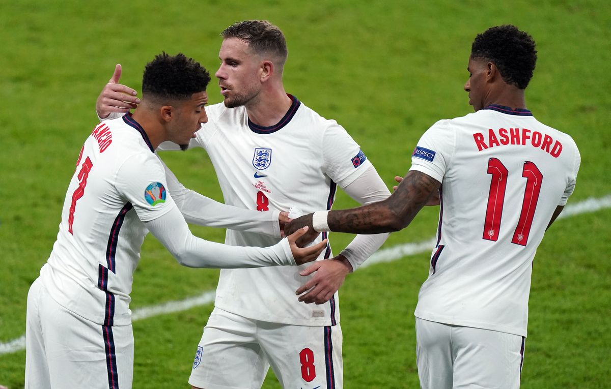 England’s Jadon Sancho, Jordan Henderson and Marcus Rashford