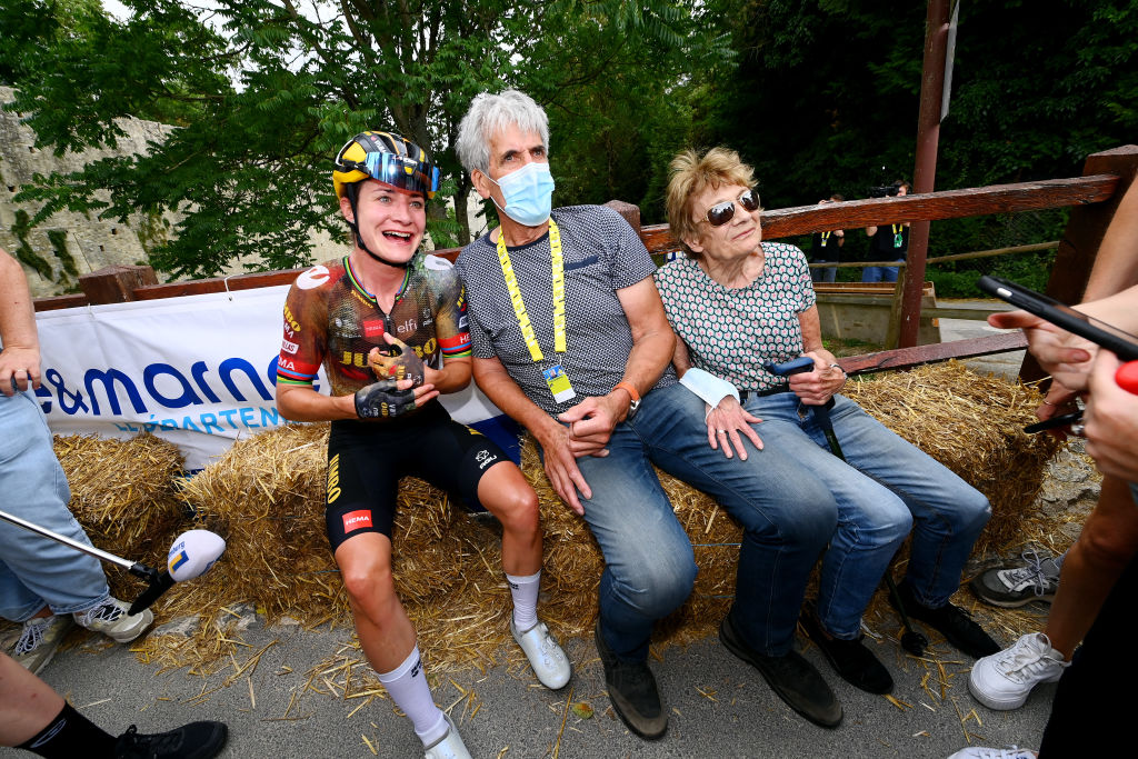 PROVINS, FRANCE - JULY 25: Marianne Vos of Netherlands and Jumbo Visma Women Team celebrates winning with her parents Henk and Connie Vos during the 1st Tour de France Femmes 2022, Stage 2 a 136,4km stage from Meaux to Provins / #TDFF / #UCIWWT /  on July 25, 2022 in Provins, France. (Photo by Tim de Waele/Getty Images)