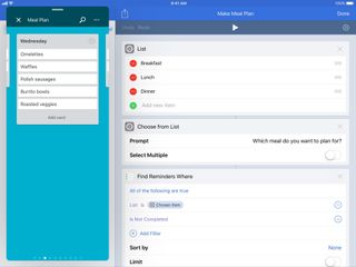 iPad screenshot showing a workflow named "Make Meal Plan" with the app Trello show in Slide Over