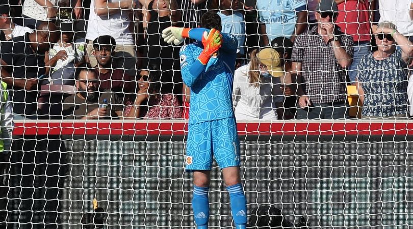 Manchester United goalkeeper David De Gea looks frustrated after conceding a goal at Brentford.