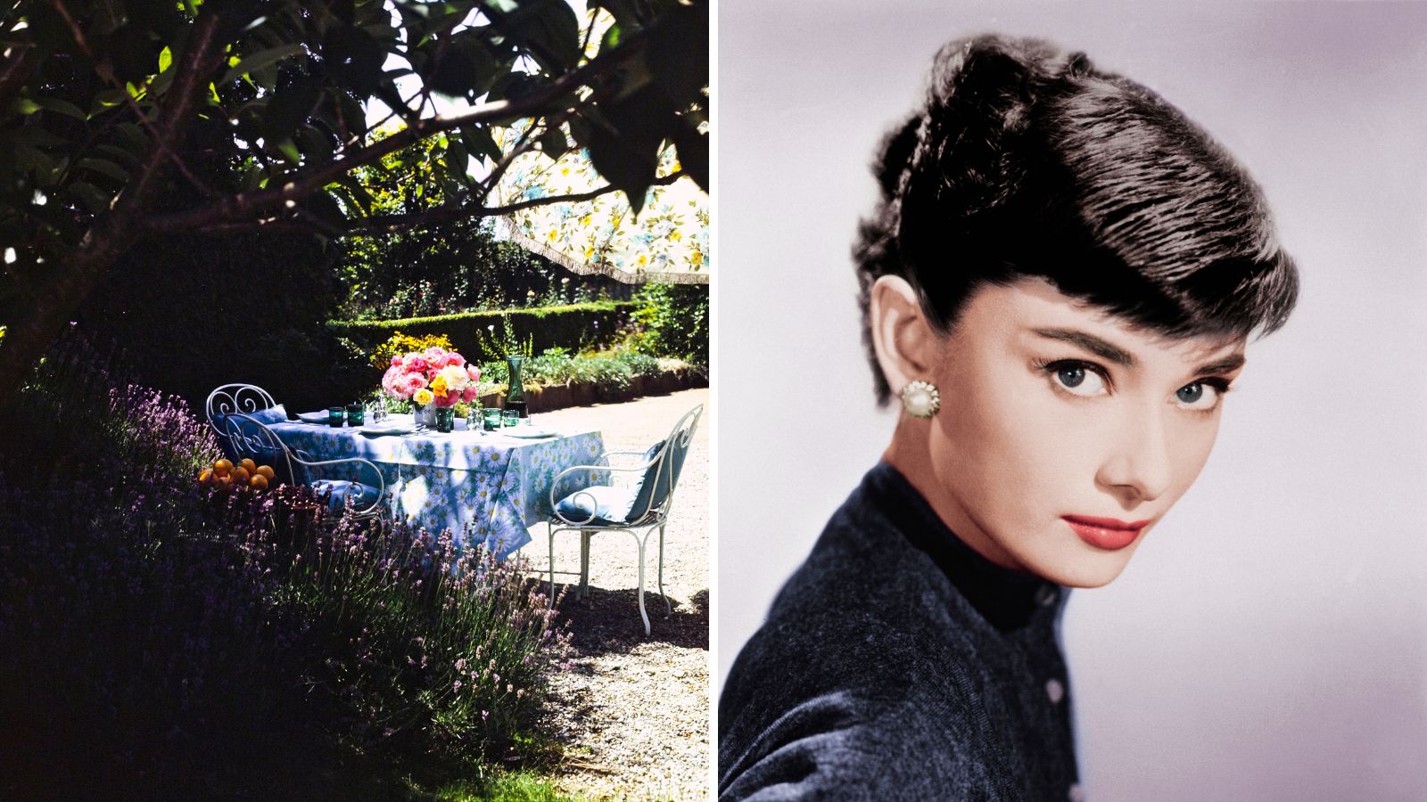 a split screen with audrey hepburn's outdoor table on the left and audrey hepburn on a white background on the right