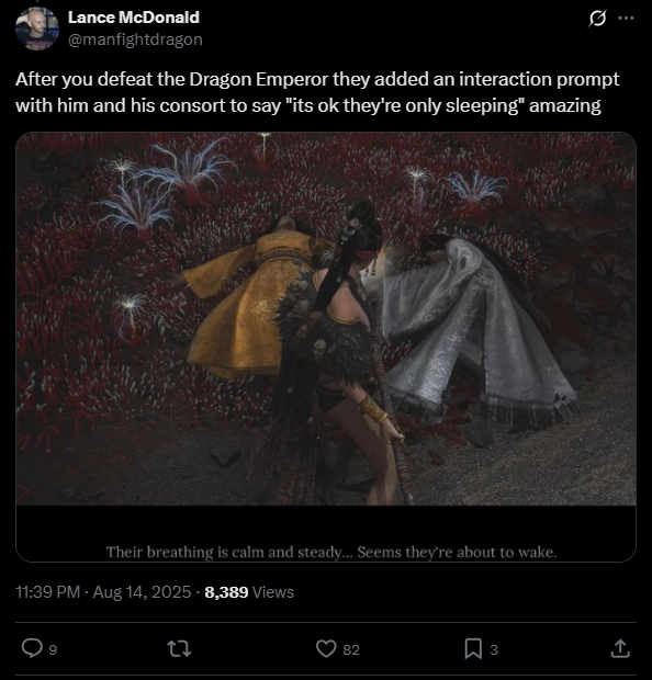 A post that reads: "After you defeat the Dragon Emperor they added an interaction prompt with him and his consort to say "its ok they're only sleeping" amazing"