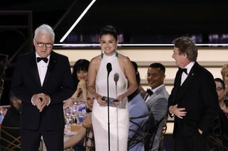 Steve Martin, Selena Gomez, and Martin Short speak onstage during the 74th Primetime Emmys at Microsoft Theater on September 12, 2022 in Los Angeles, California.