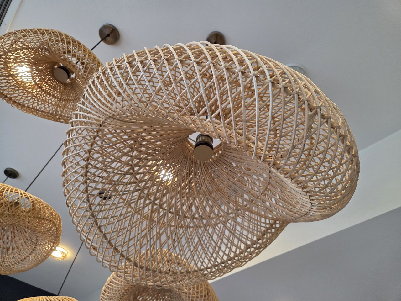 An oddly-shaped lamp hanging from the ceiling