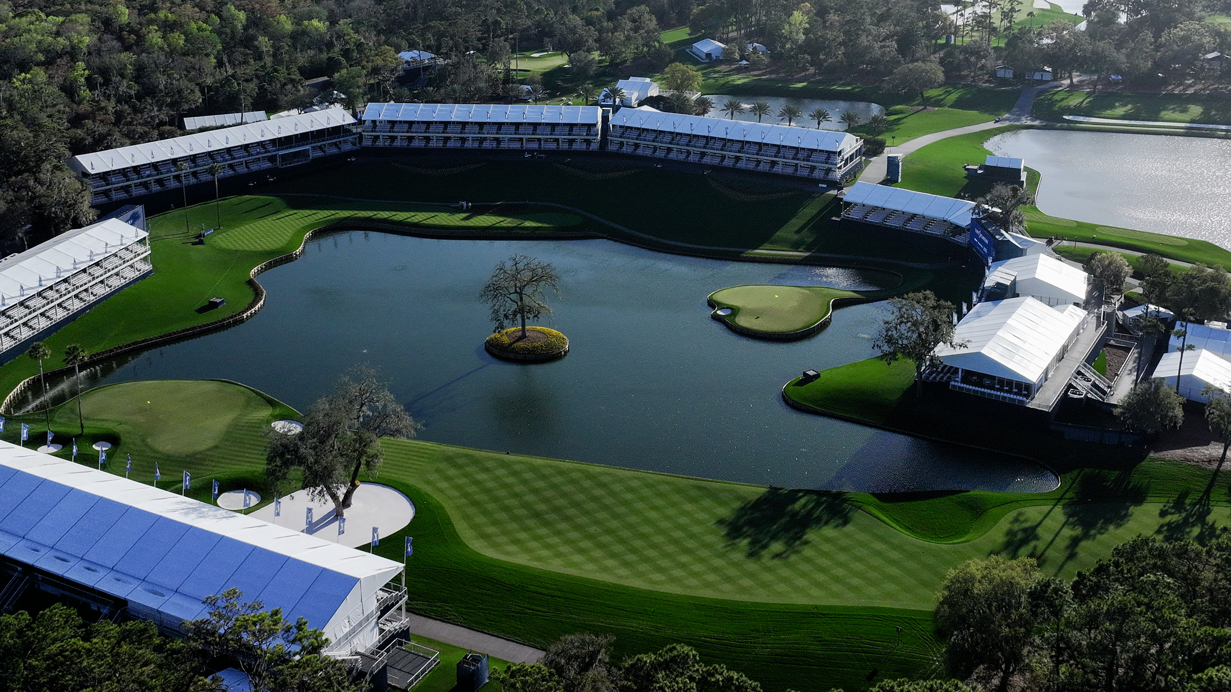 An aerial view of TPC Sawgrass' 16th, 17th and 18th holes ahead of The Players in 2026