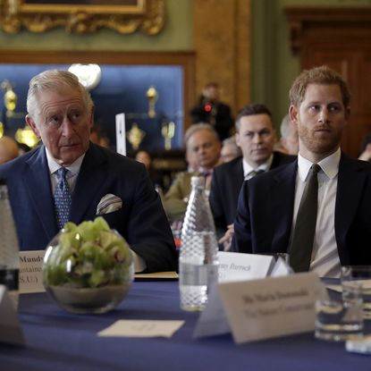 LONDON, ENGLAND - FEBRUARY 14: Prince Harry and Prince Charles, Prince of Wales attend the 'International Year of The Reef' 2018 meeting at Fishmongers Hall on February 14, 2018 in London, England. (Photo by Matt Dunham - WPA Pool/Getty Images)