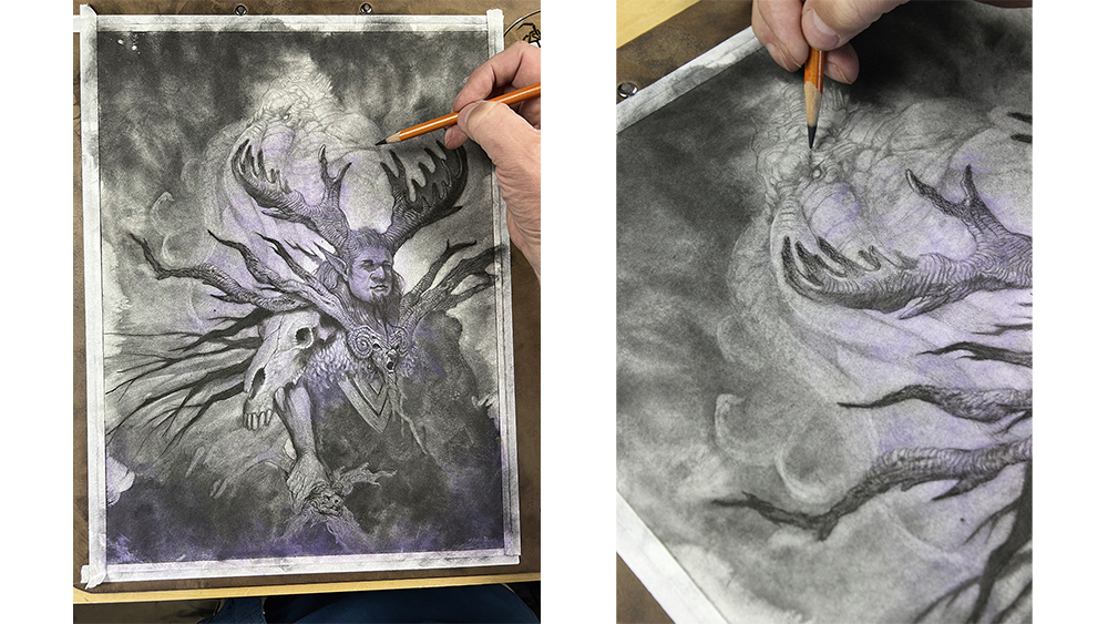 Image of a charcoal abstract character art in progress
