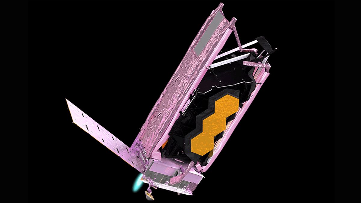 The James Webb Space Telescope fires its thruster in the second of three mid-course maneuvers in this NASA graphic. 