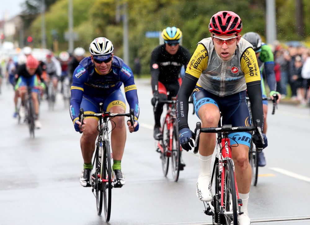 Second place Robbie Hucker (L) of Australia, first place Brad Evans of Dunedin and third place Mike Northey of North Shore in the Tour of Southland