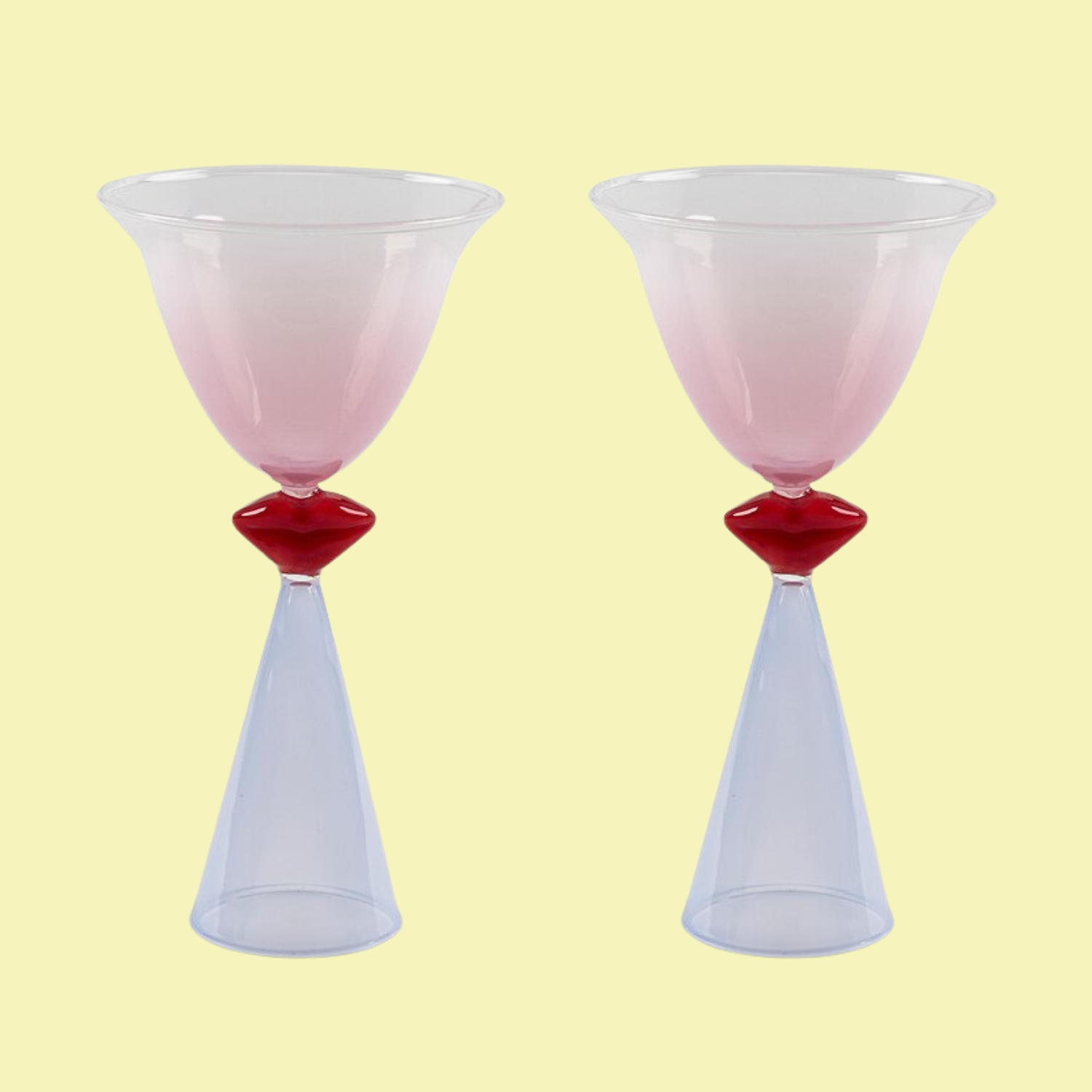 A set of two martini glasses with red lip detailing