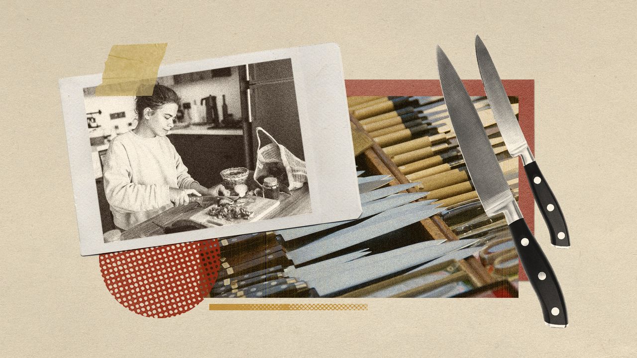 Photo collage of a knife shop display, chef&#039;s knives, and a photo of a woman chopping vegetables