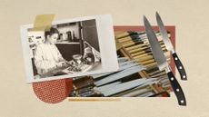 Photo collage of a knife shop display, chef's knives, and a photo of a woman chopping vegetables