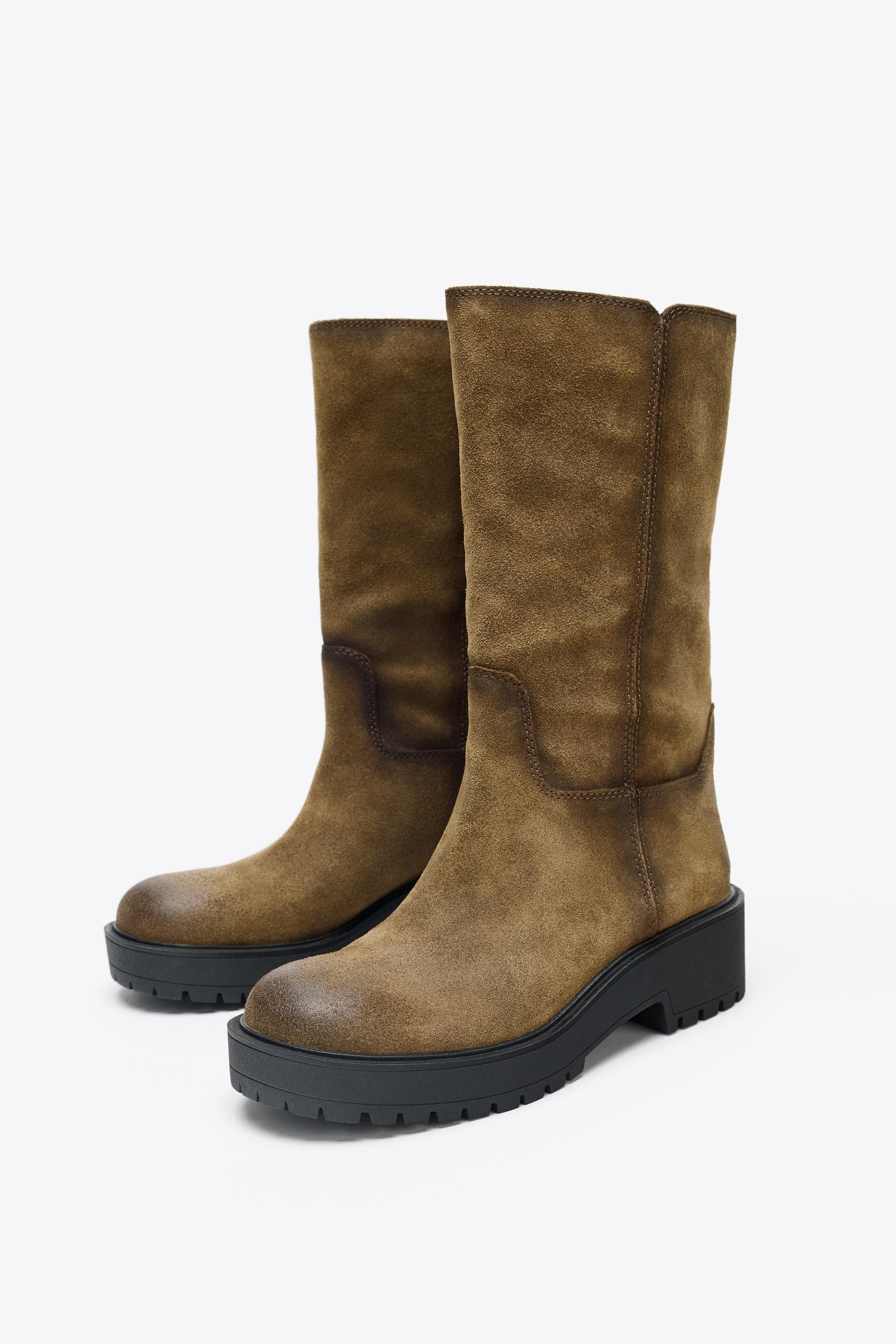 Distressed Effect Split Leather Ankle Boots