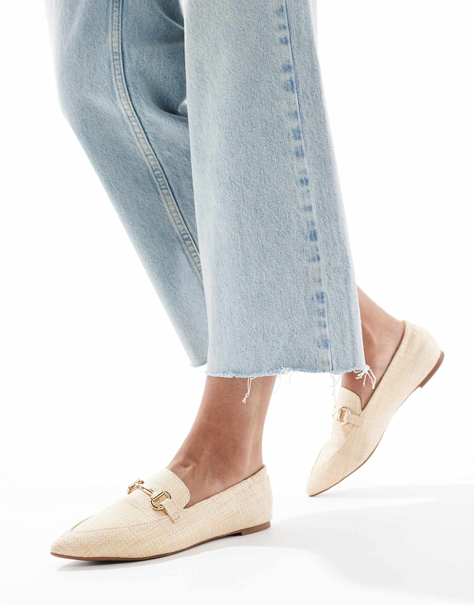 London Rebel Wide Fit Buckle Detail Pointed Toe Loafer in Raffia Natural