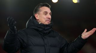 Gary Neville working as a pundit for Sky Sports during Nottingham Forest's Premier League game against Tottenham in December 2023.