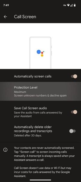 Google Pixel's new Call Screen Protection Level option.