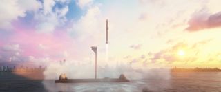 This screenshot from a SpaceX animation shows a Starship spacecraft launching from an offshore spaceport.