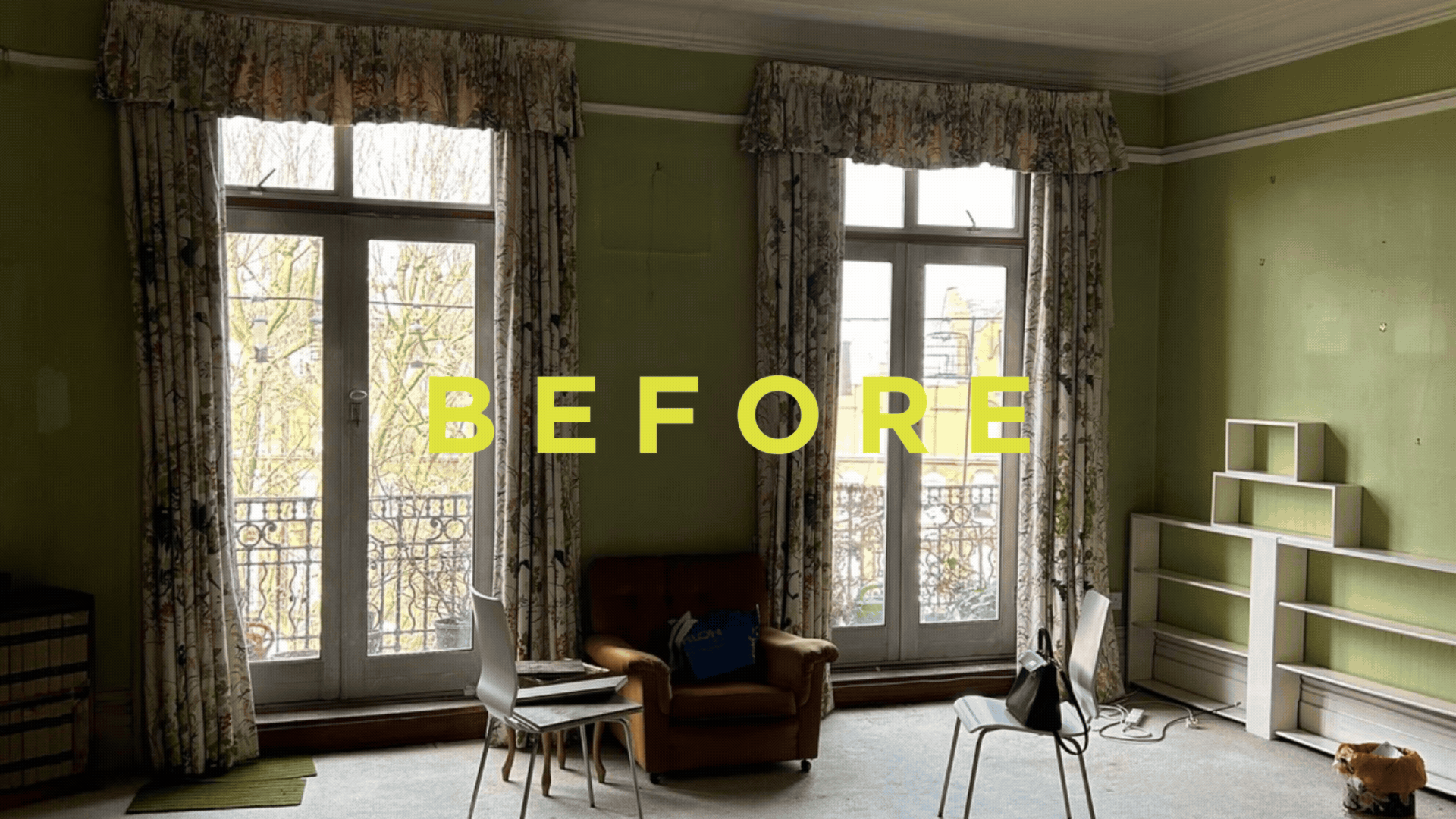 The before and after of a period apartment in earls court with large floor-to-ceiling windows and traditional features