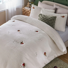 White Christmas Robin Fleece Duvet Cover and Pillowcase Set