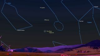 An illustration of the night sky on Feb. 21 showing the moon illuminated by Earthshine.