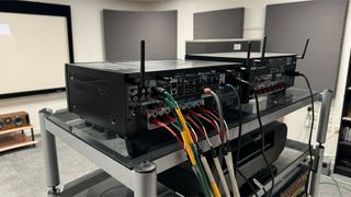 Denon AVR-S670H home cinema amplifier in test room showing connections and cables