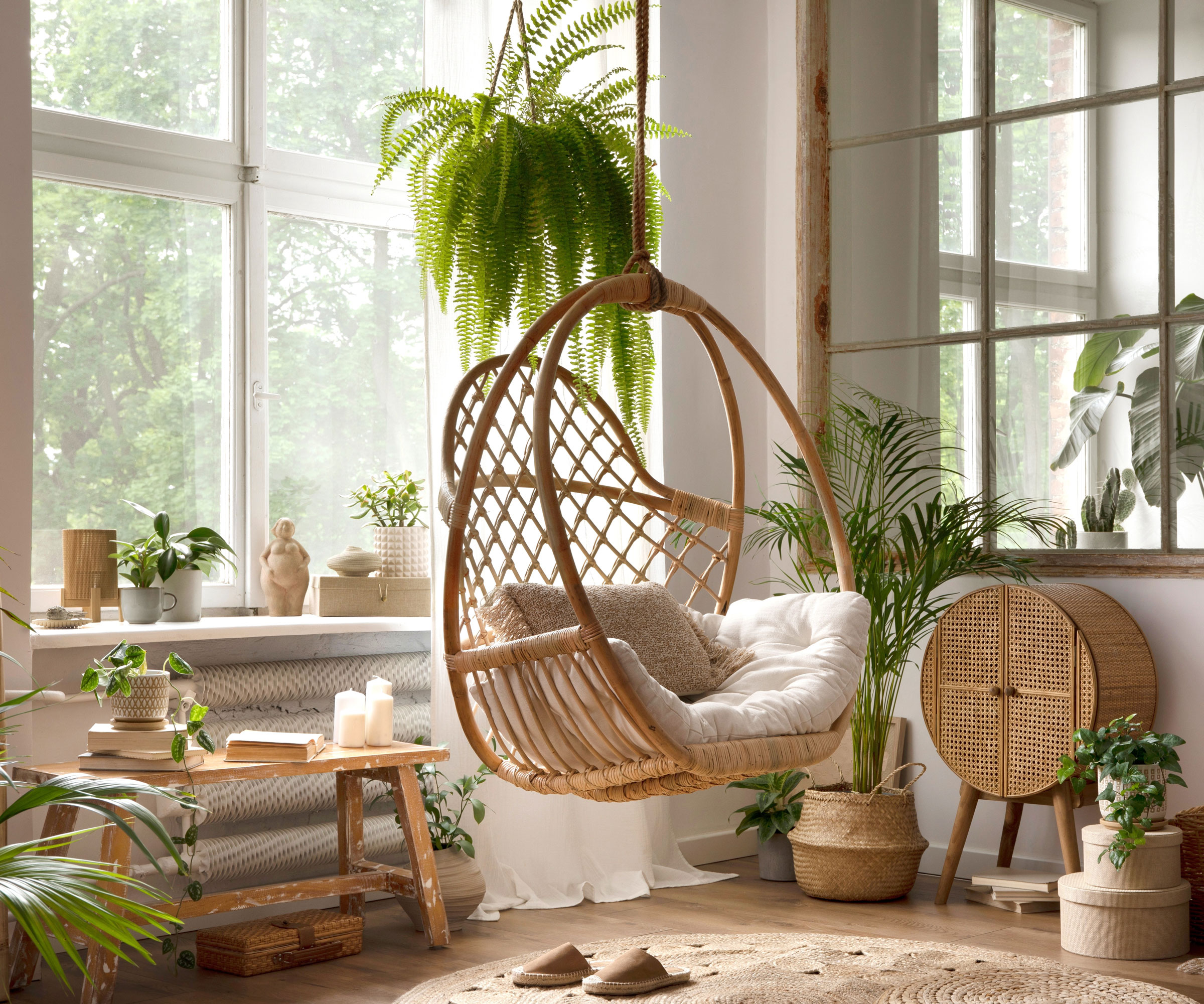 hanging Boston fern in boho chic lounge with hanging chair and large window