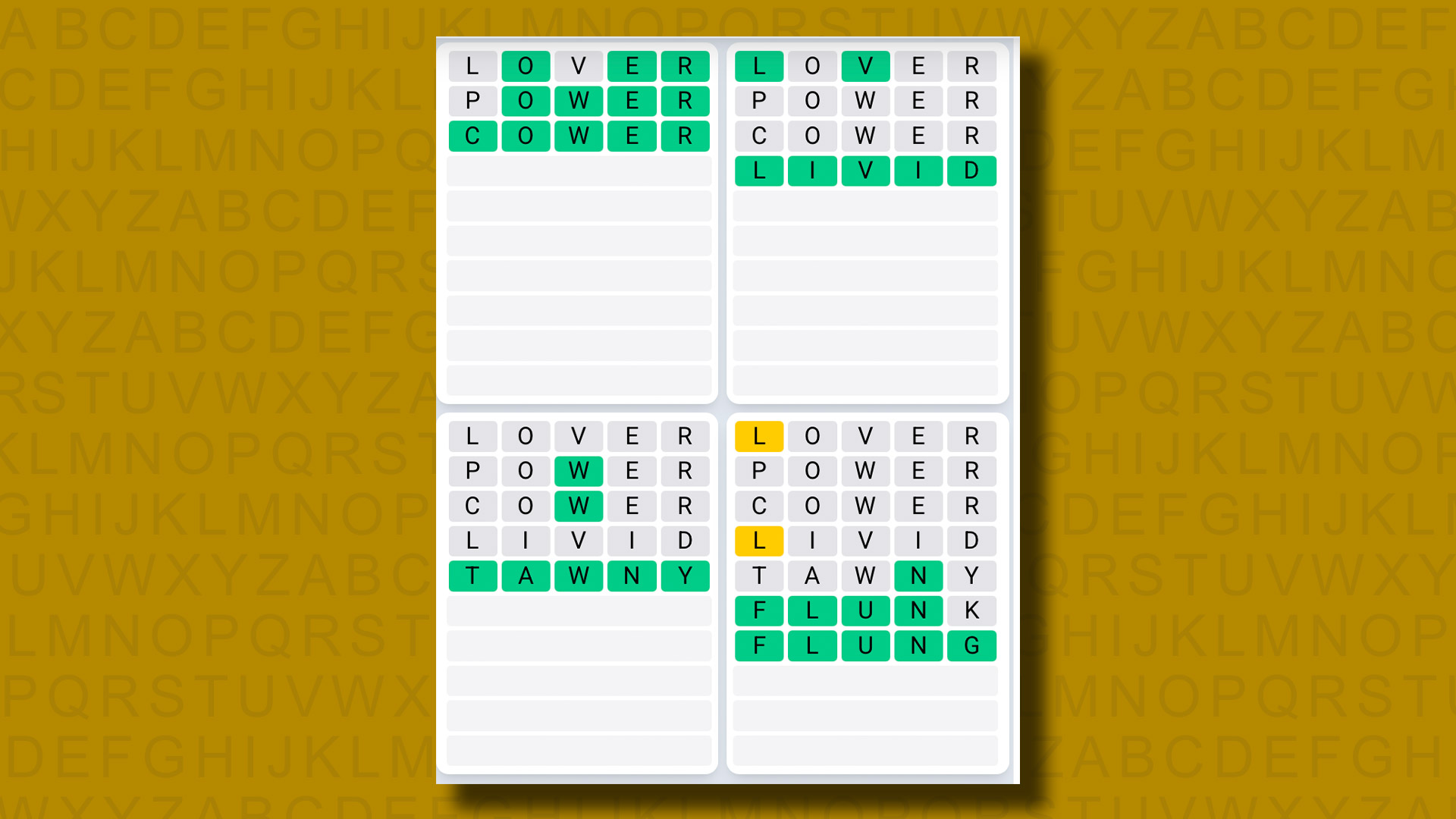 Quordle Daily Sequence answers for game 1128 on a yellow background