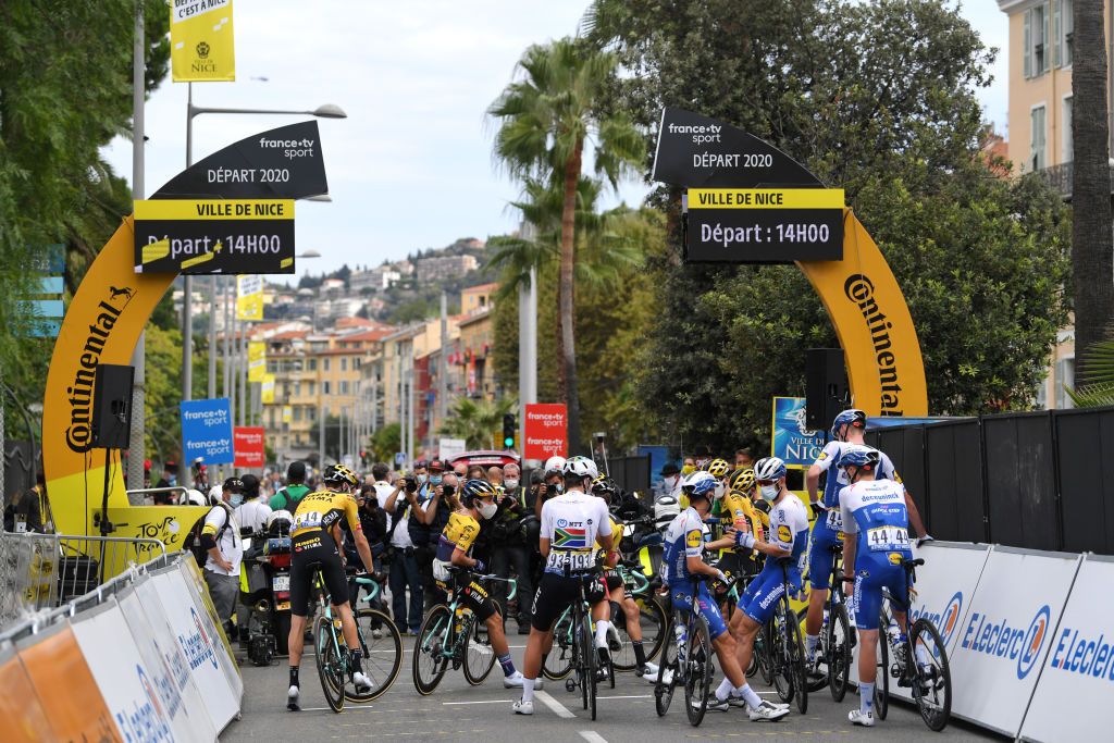 NICE FRANCE AUGUST 29 Start Tom Dumoulin of The Netherlands and Team Jumbo Visma Primoz Roglic of Slovenia and Team Jumbo Visma Julian Alaphilippe of France and Team Deceuninck QuickStep Remi Cavagna of France and Team Deceuninck QuickStep Peloton Nice City during the 107th Tour de France 2020 Stage 1 a 156km stage from Nice Moyen Pays to Nice TDF2020 LeTour on August 29 2020 in Nice France Photo by Tim de WaeleGetty Images