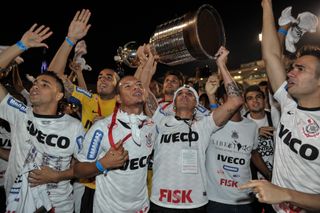 Corinthians players celebrate their Copa Libertadores win in July 2012.
