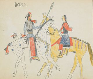 Indigenous tribes in the Plains drew paintings on hides, cloth and paper, like this sketch by Koba (Kiowa)