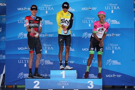 The final podium for the 2018 Tour of California: winner Egan Bernal (Team Sky) with BMC's Tejay van Garderen and EF-Drapac's Dani Martinez