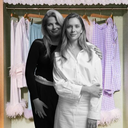 Sleeper cofounders stand in front of a rack of Sleeper pajamas