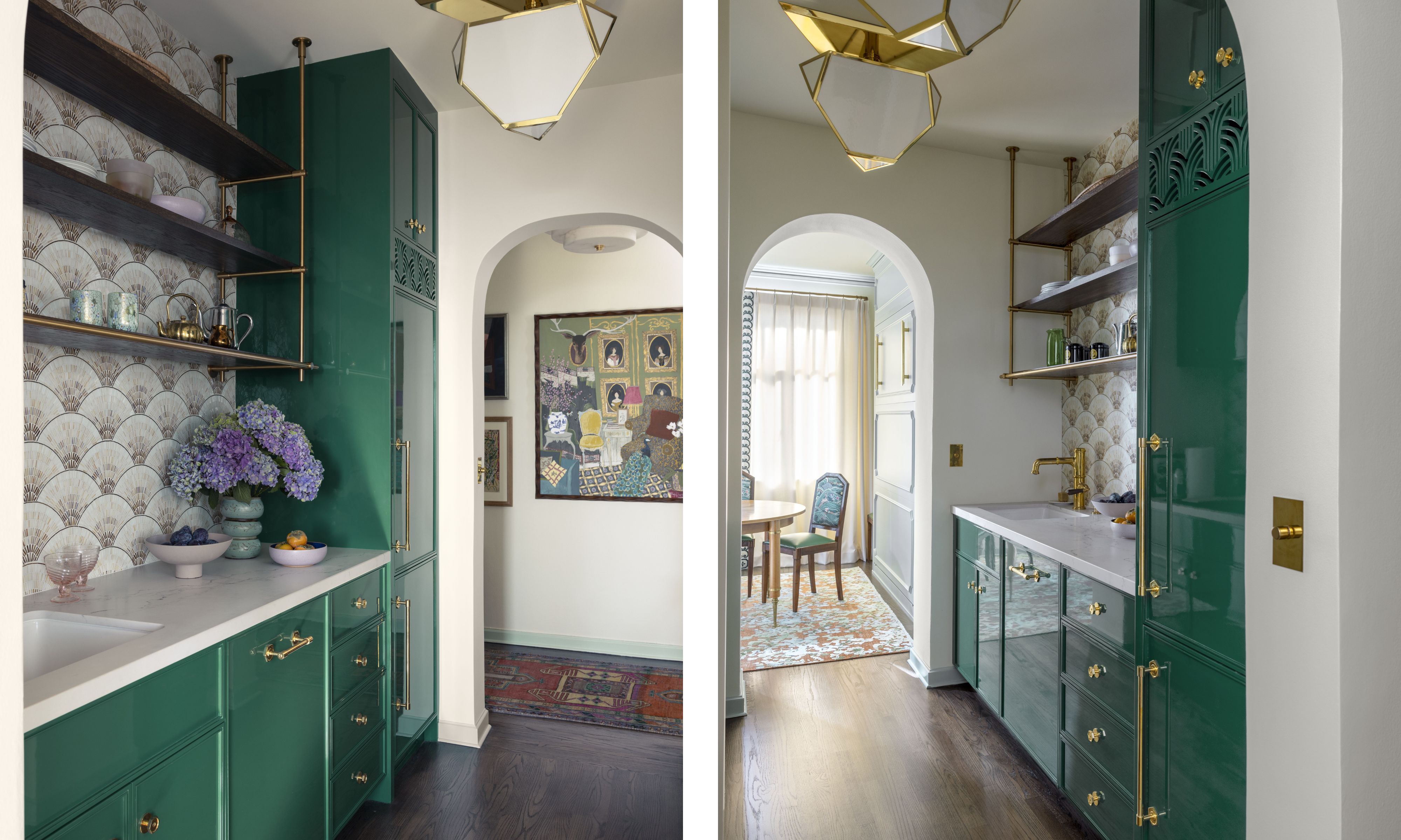 Two images of a small galley kitchen with glossy green cabinets, gold hardware and open shelving