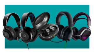 A collection of gaming headsets and earbuds on a teal deals background
