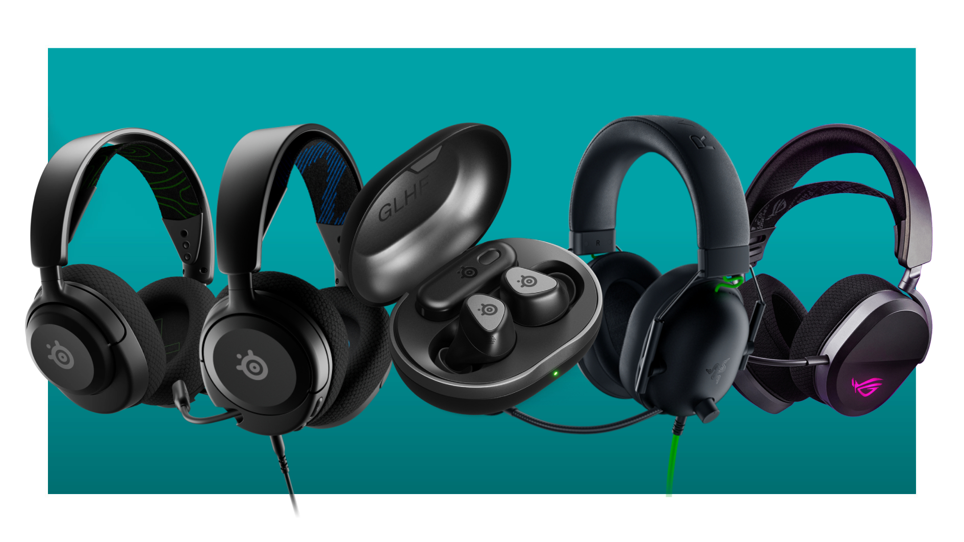 A collection of gaming headsets and earbuds on a teal deals background