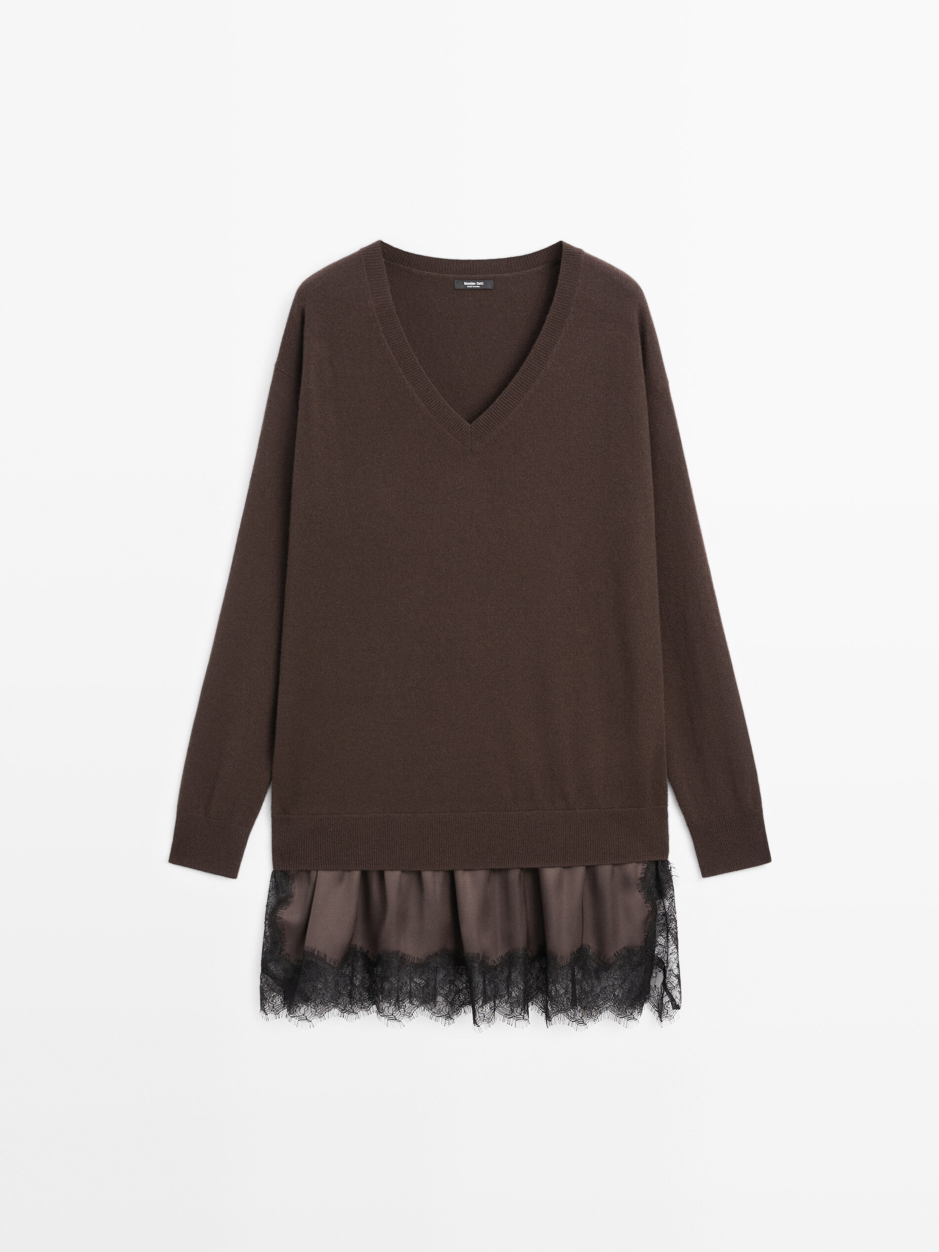 Long Knit Sweater With Contrast Lace