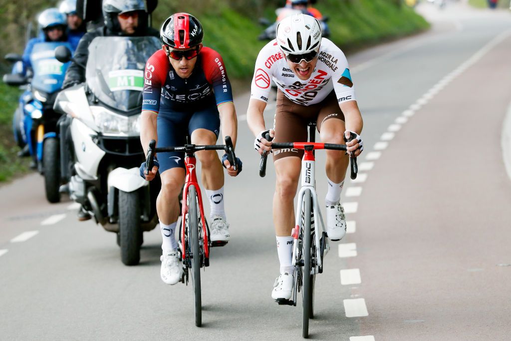 VALKENBURG NETHERLANDS APRIL 10 LR Michal Kwiatkowski of Poland and Team INEOS Grenadiers and Benoit Cosnefroy of France and AG2R Citren Team compete in the breakaway during the 56th Amstel Gold Race 2022 Mens Elite a 2541km one day race from Maastricht to Valkenburg AGR2022 WorldTour on April 10 2022 in Valkenburg Netherlands Photo by Bas CzerwinskiGetty Images