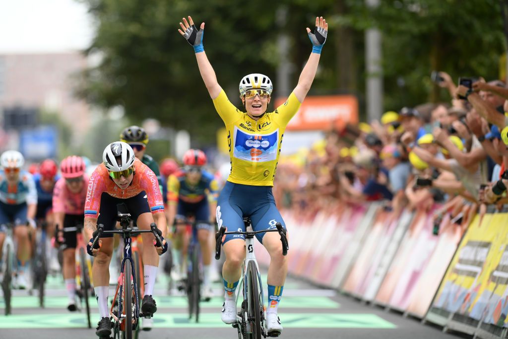 DORDRECHT NETHERLANDS AUGUST 13 Charlotte Kool of The Netherlands and Team dsmfirmenich PostNL Yellow leader jersey R celebrates at finish line as stage winner ahead of Lorena Wiebes of The Netherlands and Team SD Worx Protime Lduring the 3rd Tour de France Femmes 2024 Stage 2 a 679km stage from Dordrecht to Rotterdam UCIWWT on August 13 2024 in Dordrecht Netherlands Photo by Alex BroadwayGetty Images