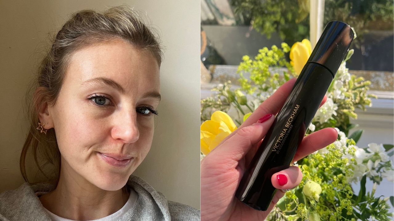 a picture of katie thomas wearing and then holding a bottle of victoria beckham cell rejuvenating priming moisturizer